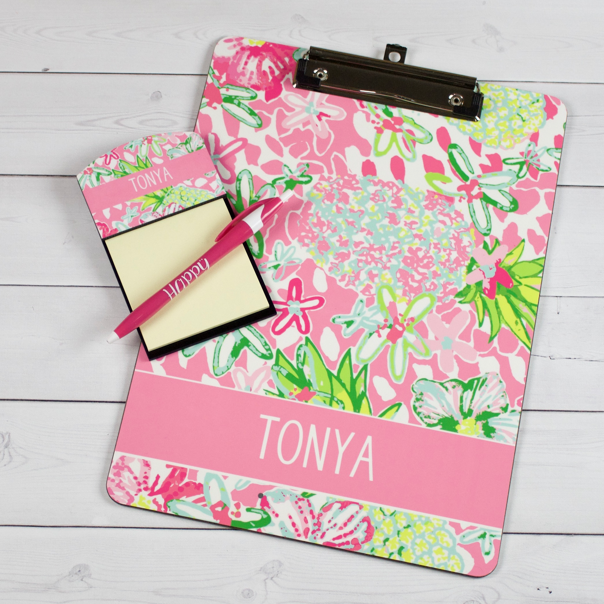 Clipboard and Sticky Note Holder - Preppy Floral Pattern