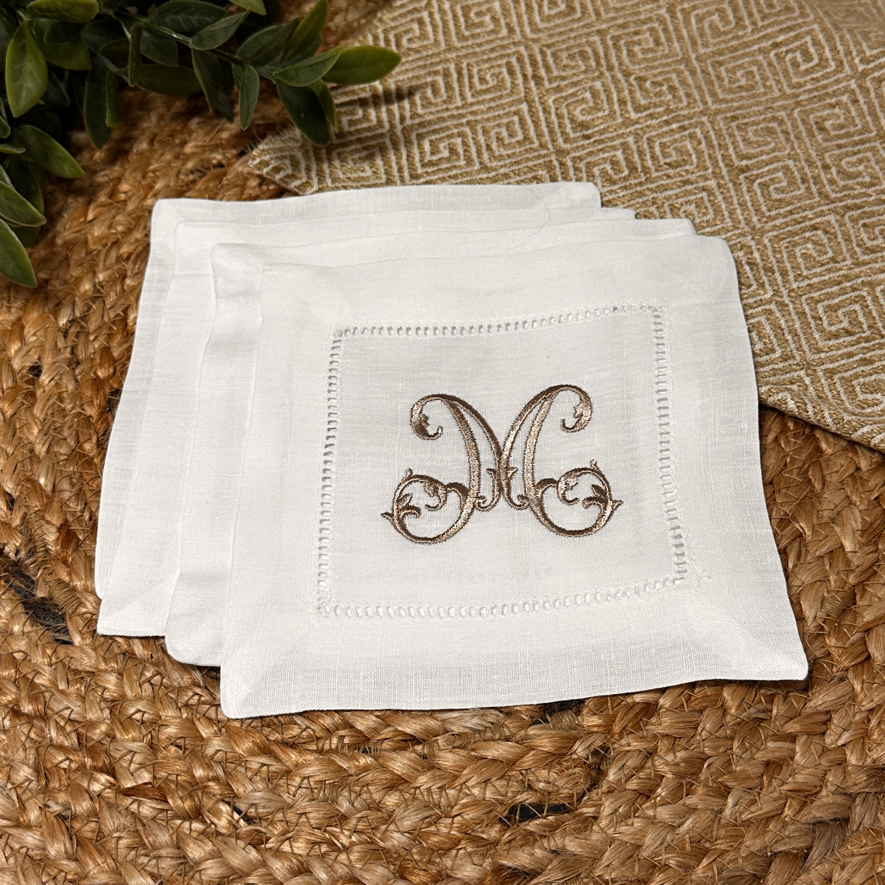 Monogrammed Linen Cocktail Napkins - Open Vine Single Monogram