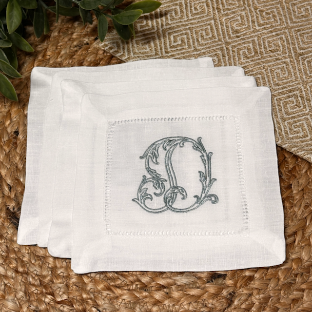 Monogrammed Linen Cocktail Napkins - Open Vine Single Monogram