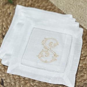 Monogrammed Linen Cocktail Napkins - Open Vine Single Monogram