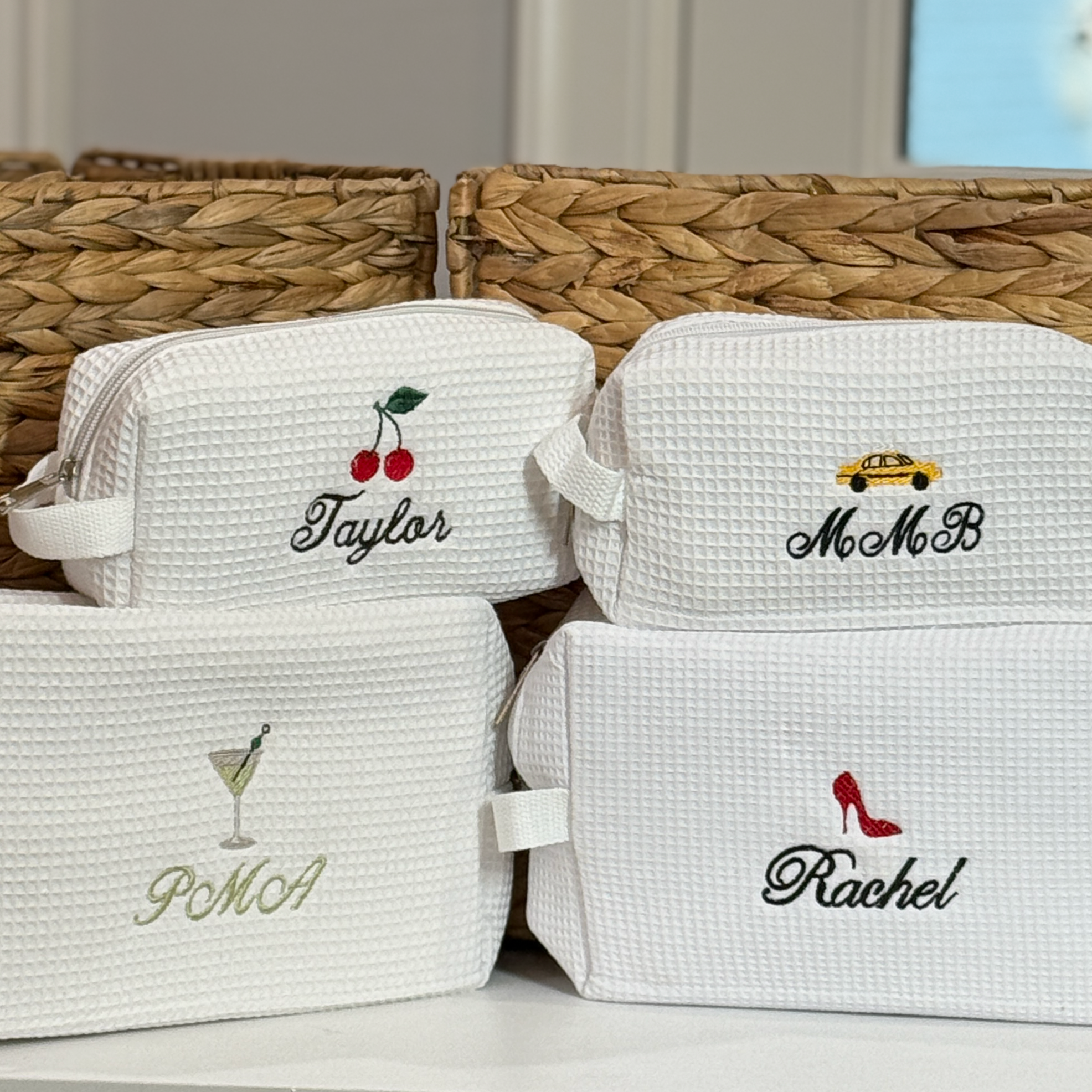 Personalized Waffle Pouch Cosmetic Toiletry Bag with Mini Icon Designs