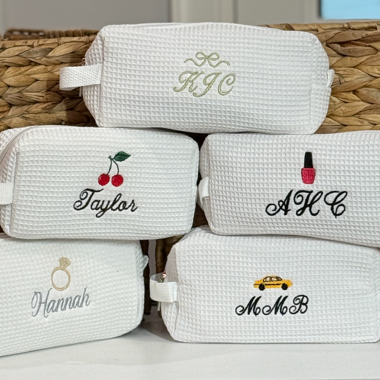 Personalized Waffle Pouch Cosmetic Toiletry Bag with Mini Icon Designs