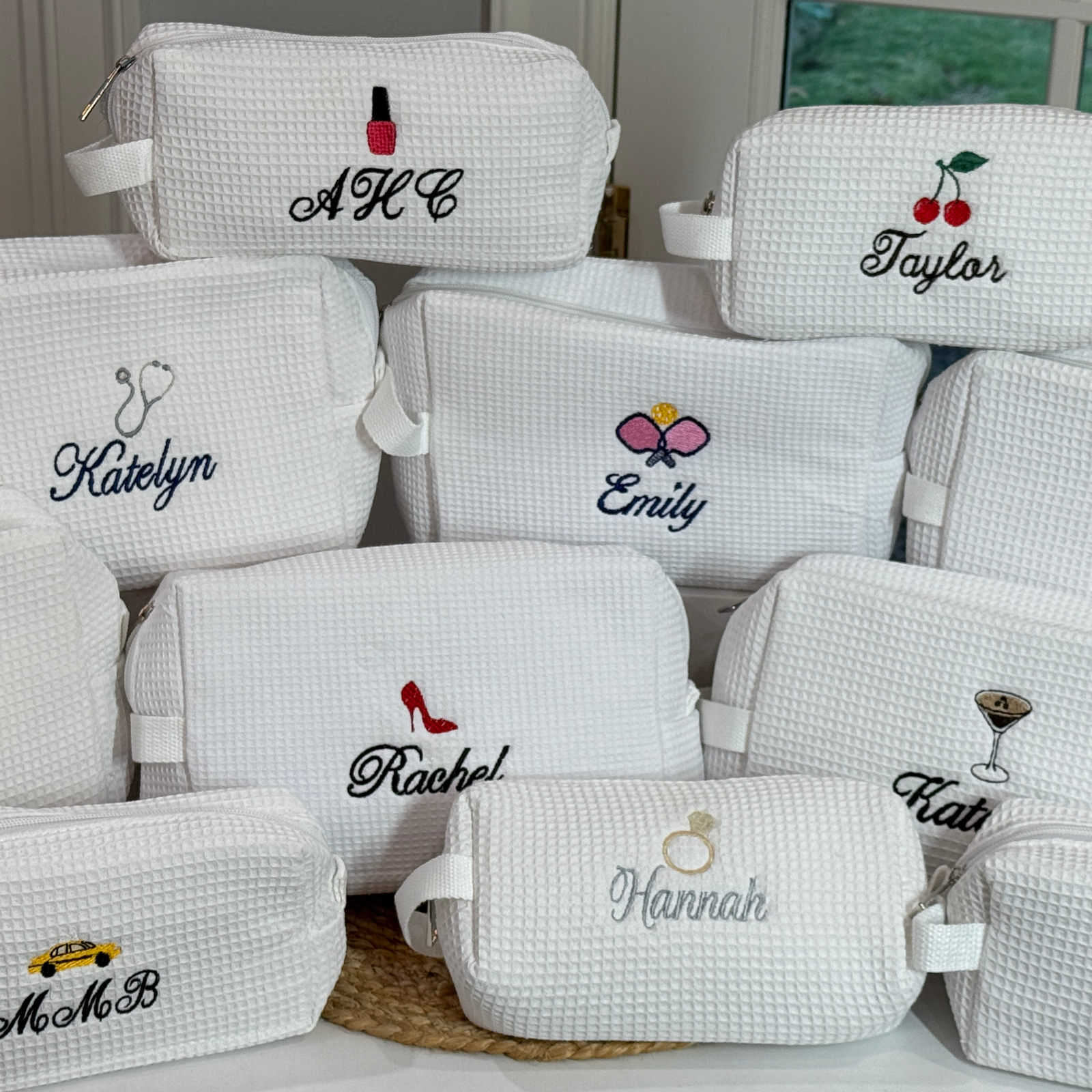 Personalized Waffle Pouch Cosmetic Toiletry Bag with Mini Icon Designs