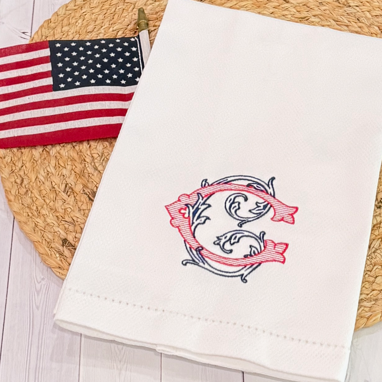 Red/Blue Monogram Letter Cotton Birdseye Towel