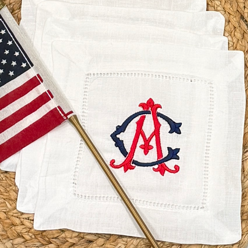 Red and Blue Monogram Linen Cocktail Napkins