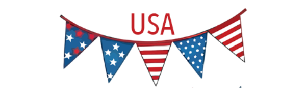 American flag-themed bunting with 'USA' text on a white background