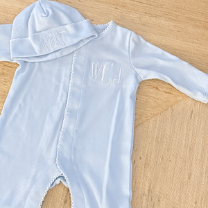 Monogrammed Baby Footie - Picot Trim - Baby Outfit Coming Home
