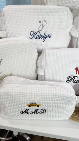 Personalized Waffle Pouch Cosmetic Toiletry Bag with Mini Icon Designs