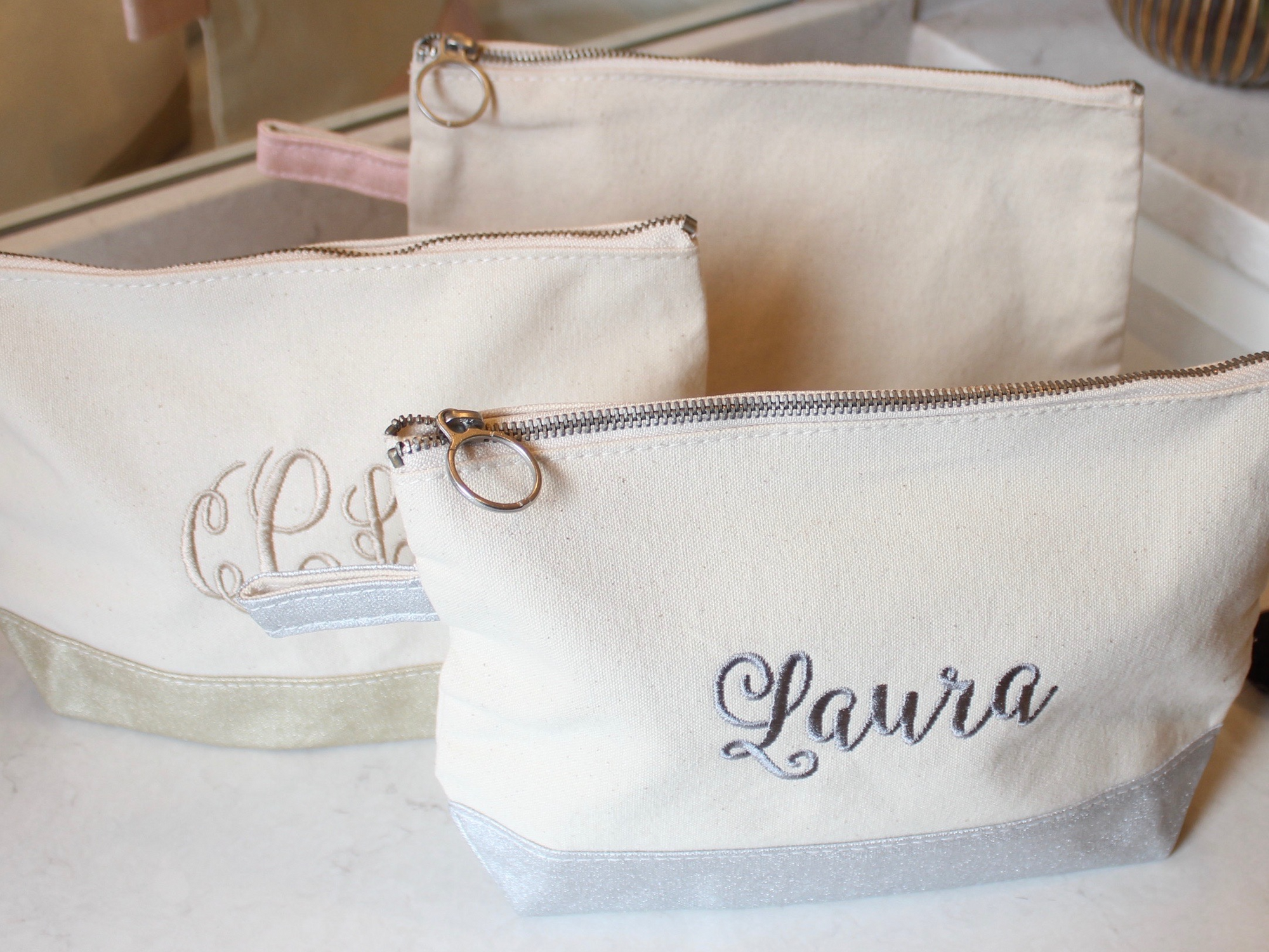 Cotton Canvas Metallic Trimmed Cosmetic Bag